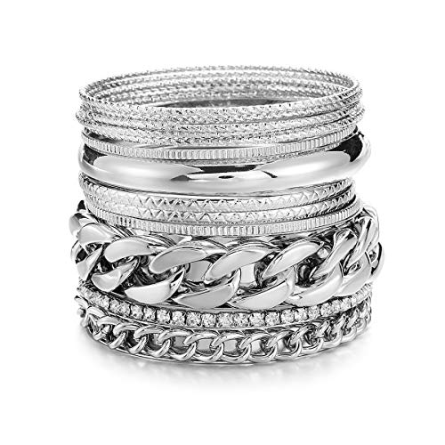 Ensoul Multiple Textured Metal Bracelets & Bangles Set 14Pcs/Set W/Clear Rhinestones