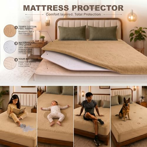 Image of Glassiano Cotton Feel Terry Ultra Soft Waterproof Mattress Protector | Breathable - Hypoallergenic Mattresses Cover with Elastic Strap for King Bed (72x84 inch|6x7 feet, Beige - Pack of 1)