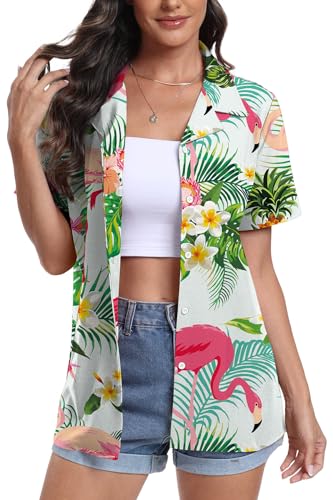 DEARCASE Camisas Hawaianas para Mujer de Manga Corta con Cuello en V Estampado Floral Trópico Suave Camiseta de Playa de Verano, Medium Bird Green Leaf