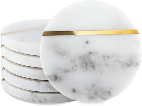 HighFree Juego de 6 posavasos de mármol absorbentes con incrustaciones de latón dorado hechos a mano para mesa de café, bebidas, vasos de bar, 4