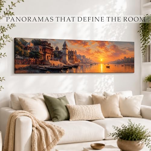 Image of Varanasi Ghats Sunset Stretched Canvas Wall Art Painting for Living Room, Abstract Spiritual Ganga Banaras Cityscape Canvas Wall Decor For Livingroom, Bedroom, Office, Hallway's, Hotel 12x46 Inch