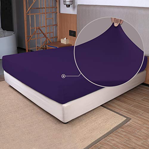 Image of King Size Fitted Sheet Only - 4-Way Stretch Knit, Snug Fit, Wrinkle Free & Stay in Place, No More Slipping Off for Mattress, Soft & Comfortable - Purple, King