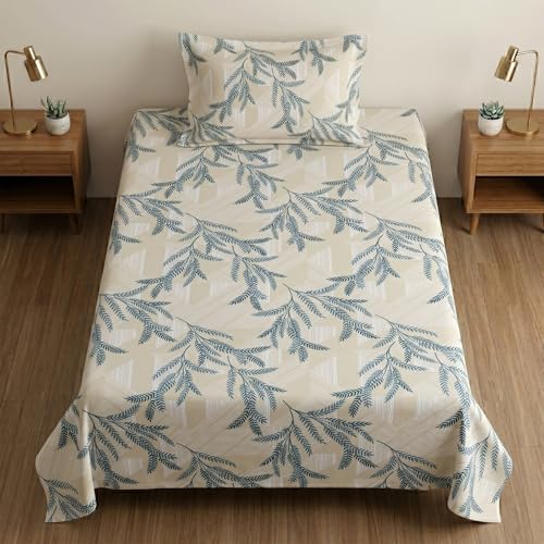 Image of Mafatlal 186 TC Metro Cotton Single Bedsheet | 90 x 60 Inch|Soft, Breathable & Lightweight | with Matching Pillow Cover| Cream Blue