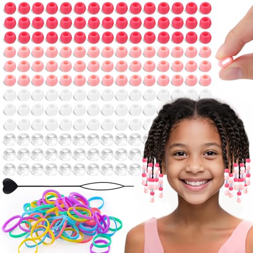 160Pcs 10mm Small Silicone Beads for Hair Braids Soft Jellyish Pony Hair Beads with 5mm Hole + 50 Rubber Bands and 1 Beader for Braiding DIY Bracelets Necklaces Crafts (Light Pink)