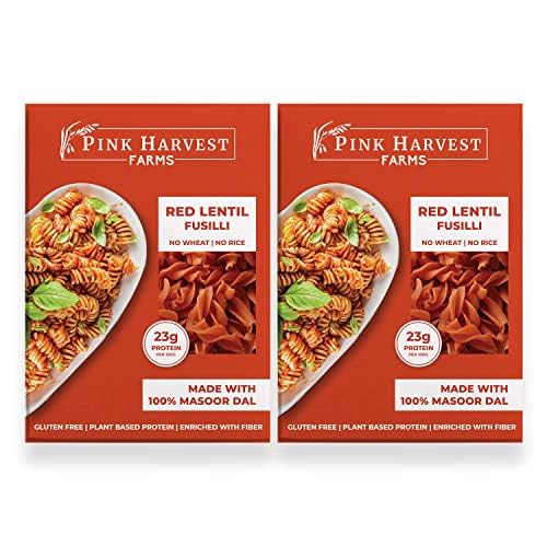 Image of Pink Harvest Farms Red Lentil Pasta | No Rice - No Maida | Vegan | Gluten Free | High Protein | (Red Lentil Fusilli Pasta, 200 g (Pack of 2))
