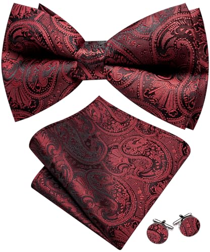 Image of Barry.Wang Paisley Striped Bow Tie for Men Silk Pre-Tied Bowtie Pocket Square Cufflinks Set Formal Wedding Party Prom