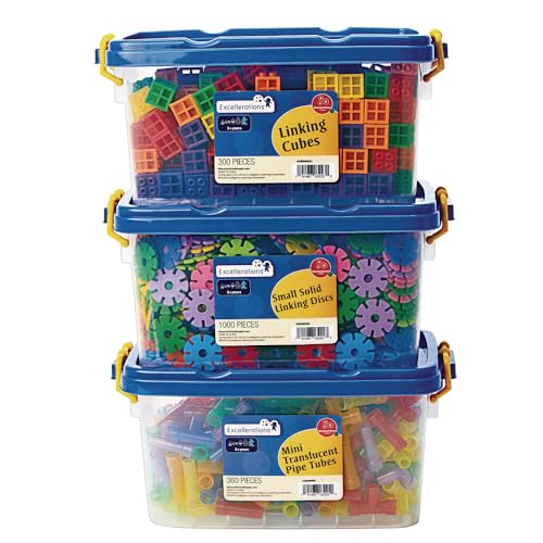 Image of Excellerations Linking Disc Flake Connectors, Mini Pipe Tubes and Grid Linking Cubes, 1660 Pieces, Set of 3 in Storage Bins, Preschool Building Bricks, Construction