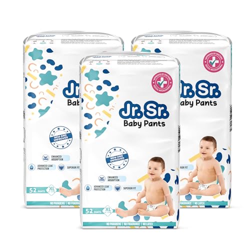 Image of Jr. Sr. Baby Diaper Pants | Extra Large (XL) Size (12-17 kg), 156 Count | Pack of 3 | Upto 12 hr Absorption with Advanced Leak Protection | Safe For Babies Skin | Soft, Secure & Comfy