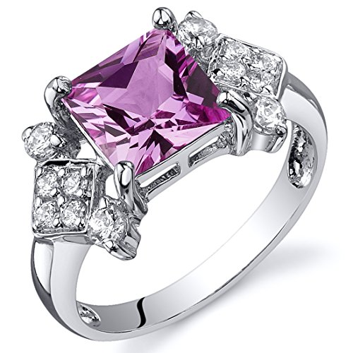 PEORA Created Pink Sapphire Princess Cut Ring Sterling Silver Sizes 5 to 9
