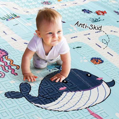 Image of Intelliskills Premium Extra Large Reversible Play Mat for Babies,Learning&Crawling Foldable Baby Mat for Floor,Non-Toxic&Anti-Skid Play Mat,Waterproof,6.5x4.5 ft,0.6cm Thick(Jungle Animals&Ocean Life)