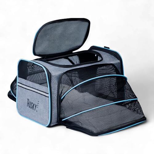 Image of Husky & Purr BreezePod Cat Bag Carrier for Cats & Small Dogs | Airline Approved Expandable Pet Carrier | Breathable Anti-Scratch Cationic Polyester Dog Bag, Up to 9kgs