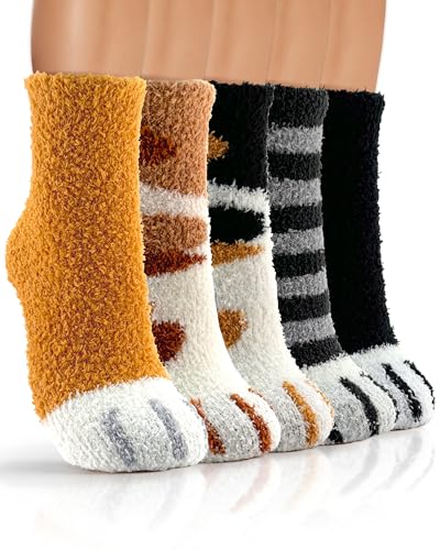 TEHOOK Cute Cat Animal Fuzzy Socks for Women Soft Fluffy Warm Cozy Paw Socks for Cat Lover Gifts & Christmas Stocking Stuffers