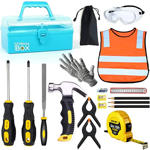 QeeHeng Real Tools pour Les Enfants - 20 Pcs Outils de Construction avec Mallette à Outils Bleue...