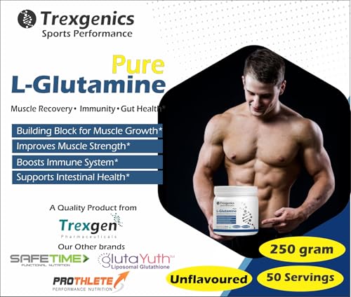Image of Trexgenics L-GLUTAMINE Pure Powder (50 Servings) Muscle Building Block for Strength & Growth, Leaky Gut Health, Immunity (250 gm) (Pack of 1)