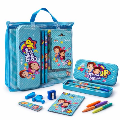 Kit Escolar Maria Clara e JP - 10 Peças, Design Colorido com Personagens, Estojo, Lápis, Giz de Cera, Apontador, Régua, Borracha,Durabilidade e Diversão para Crianças