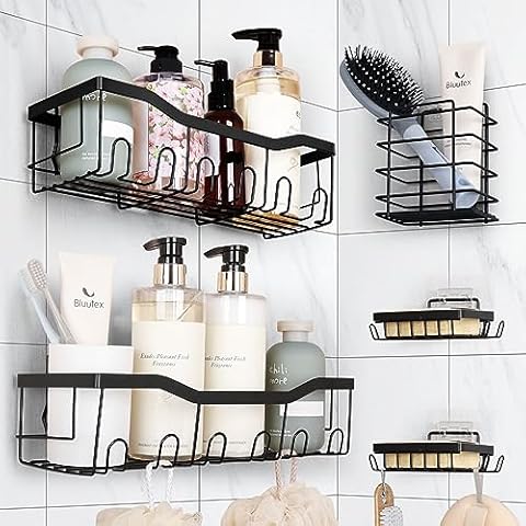 Zyerch Shower Caddy 5 Pack Stainless Steel, Adhesive Bathroom Shower Organizers, Wall Shelves for Bathroom, Laundry Room, Toilets and Kitchen, Storage & Decoration, No Drilling, Large Capacity, Black Cover