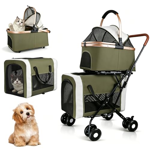 Double Pet Stroller for Dogs and Cats: Dog Stroller Foldable Travel Carriage with Detachable Carriers Safety Belts and 4 Lockable Wheels for Small to Medium Pets Ideal for Multi-Pet Homes (Green)