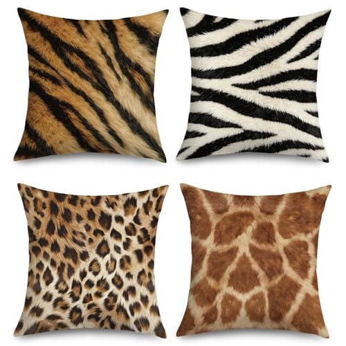 Joymaison Housse Coussin 45x45 Lot de 4 Animaux Imprimé Fausse Texture Taie d'oreiller Motifs de Fourrure Zébre Léopard Abstrait Housse d'oreiller pour...
