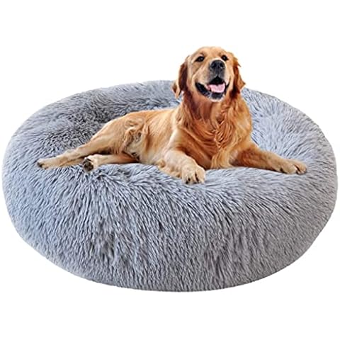 TUAKIMCE Cosy Donut Dog Bed Medium Washable, Fluffy Plush Round Donut Calming Dog Bed Cuddler Kennel Snuggle Pet Cushion Sofa Bed Medium Large Dog, Anti-Slip Bottom (Ø 80 cm, Grey) Cover