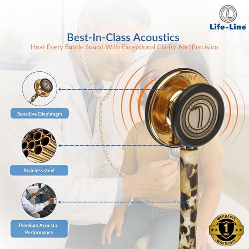 Image of LIFE LINE 'CHEETAH GOLD II' Stethoscope (Gold Plated Finish) | Dual Side Diaphragm Chest Piece for Adult and Pediatric | Suitable for Doctors and Students