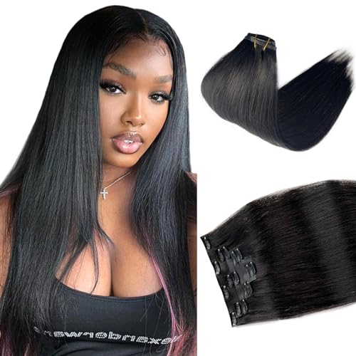 Image of Seamless Clip in Hair Extensions Human Hair, Natural Black Hair Extensions Real Human Hair Clip ins Extensions 7pcs 100G 16 Inch, Ubetta Straight Remy Human Hair Extensions for Women