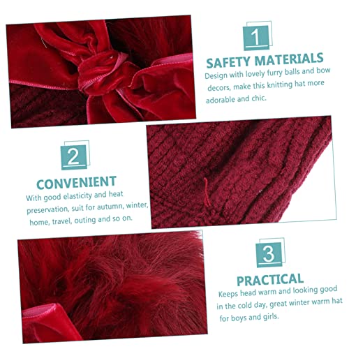 FRCOLOR 1Pc Delicate Bow Knitting Hat with Double Balls Cap for Boys and Soft Skin Friendly Material Adorable Design for Cold Days Dark Red3