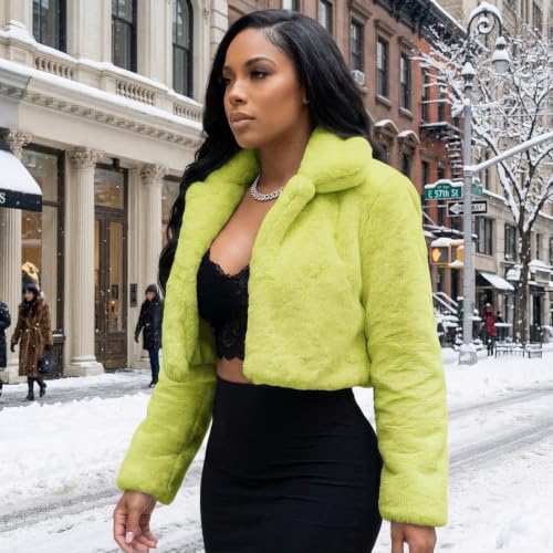 Image of RAMOUG Women Faux Fur Jacket Lapel Crop Fuzzy Coat Outerwear