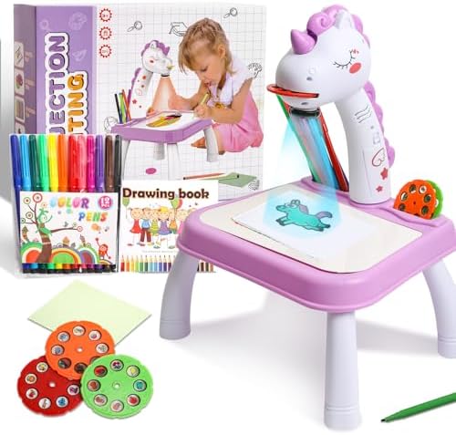 Unicorn Drawing Projector Kit for Kids, Art and Crafts Drawing Board for Kids with Music,12 Watercolor Drawing Pen, 3 Projection Discs,1 Drawing Book, Toy for 3+ Year Old Girls Boys