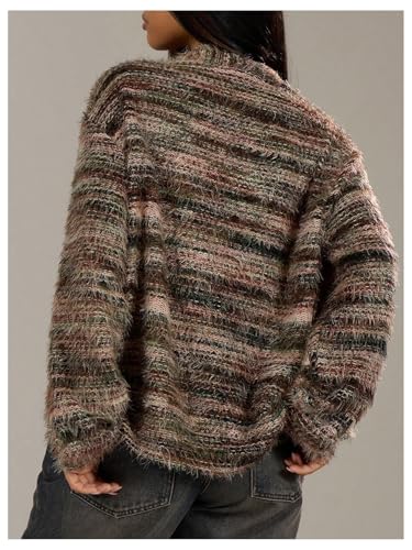 MakeMeChic Women's Striped Sweater Cardigan Fuzzy Vintage Button Down Cardigan Chocolate Brown Sweater2