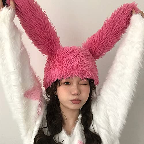 Topwon Bunny Ears Hat Plush Faux Fur Fluffy Rabbit Cap Dress Up Costume Headgear Winter Beanie (Pink)4