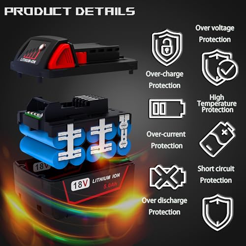 2 Pack Replace Battery for Milwaukee M18 Battery 5.0ah and Charger Combo,Compatible with Milwaukee M18 Cordless Power Tools 18V Lithium Battery 48-11-1850 48-11-1840 48-11-1860