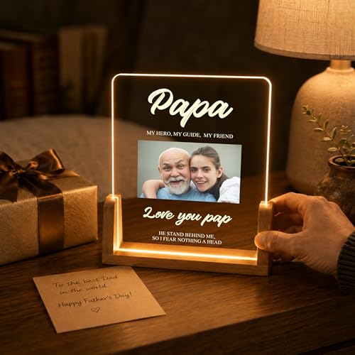Image of Giftplease Personalized Rectangular Acrylic Wood Photo Frame | Warm LED Light Base Custom 1 Picture Horizontal Script Night Decor for Father Papa Husband | Fathers Day Best Dad Birthday Tabletop