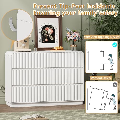 Image of Wodeer White Dresser Fluted 6 Drawers Dresser for Bedroom, 47 inch Wide Wood Chest of Drawers with Hidden Handles & Rounded Corners, Modern TV Stand Storage Cabinet for Living Room, Hallway, Entryway