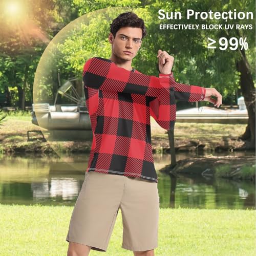 Red Black Plaid Men's Rash Guard Loose Crew Neck Loose Men's Sun Protection Long Sleeve Beach4