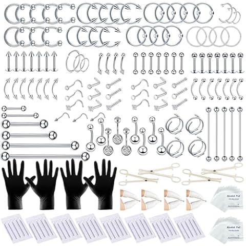 Tustrion 183PCS Nose Piercing Kit for All Body Piercings Stainless Steel Piercing Jewelry with 12G 14G 16G 20G Piercing Needles for Ear Cartilage Tragus Nose Septum Lip Eyebrow Cover