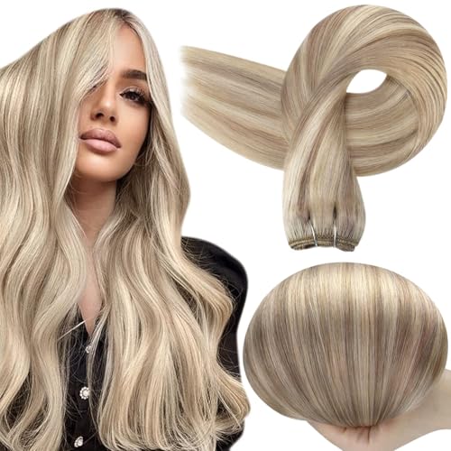 Image of Full Shine Sew In Hair Extensions Real Human Hair 12 Inch 80G Ash Blonde | Invisible Weft Extensions, Soft Straight Hair, color Ash Blonde Highlight Bleach blonde, Short Daily Wear, Women Looks