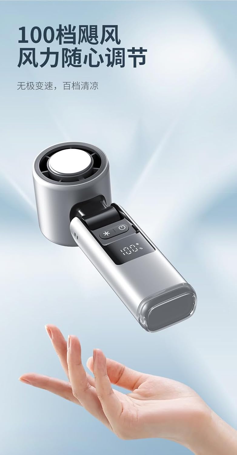 Portable Handheld Fan, 100-Speed, USB Rechargeable, LED Display, Black and Purple