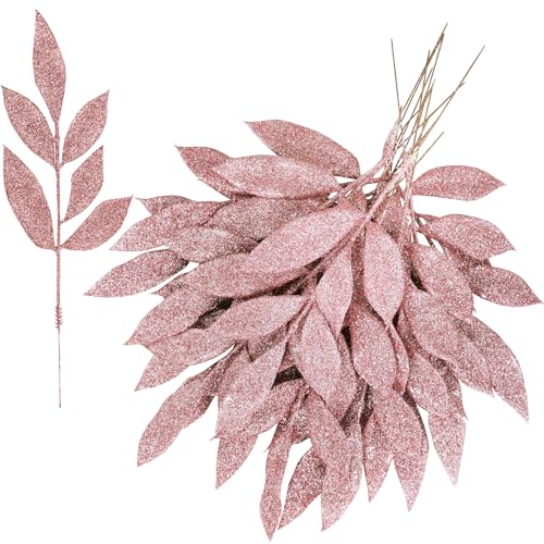 Winlyn 20 Pcs Christmas Artificial Leaf Sprays Rose Gold Glittered Bay Leaf Picks 12' Tall...