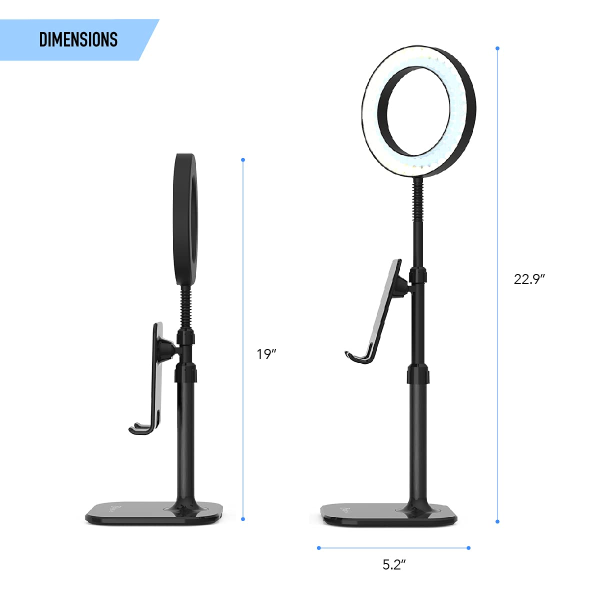 DigiPower LED Ringlicht Schreibtischlampe mit Smartphone- und Tablet-Halterung inkl. Akku, höhenverstellbar, für Videocalls am Arbeitsplatz und Home Schooling, schwarz, DP-WSH-PH6, weiß