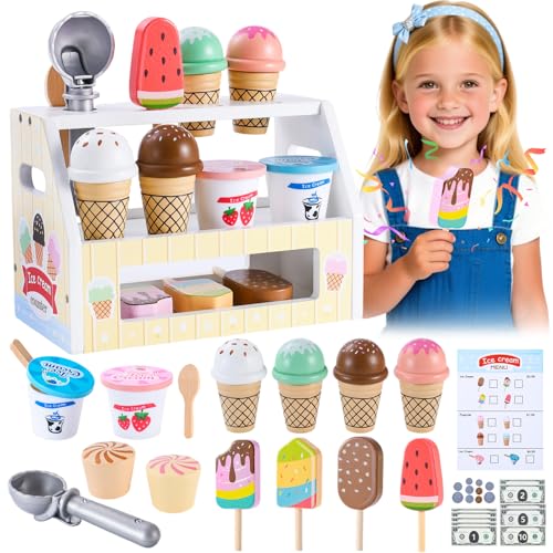Wooden Ice Cream Toys for Kids Pretend Play Kitchen Food Toys, Small Size Counter Shop Playset for Toddlers with Scoop & Menu & Fake Money for 3 4 5 6 Year Old Girls Boys Christmas Birthday Gifts