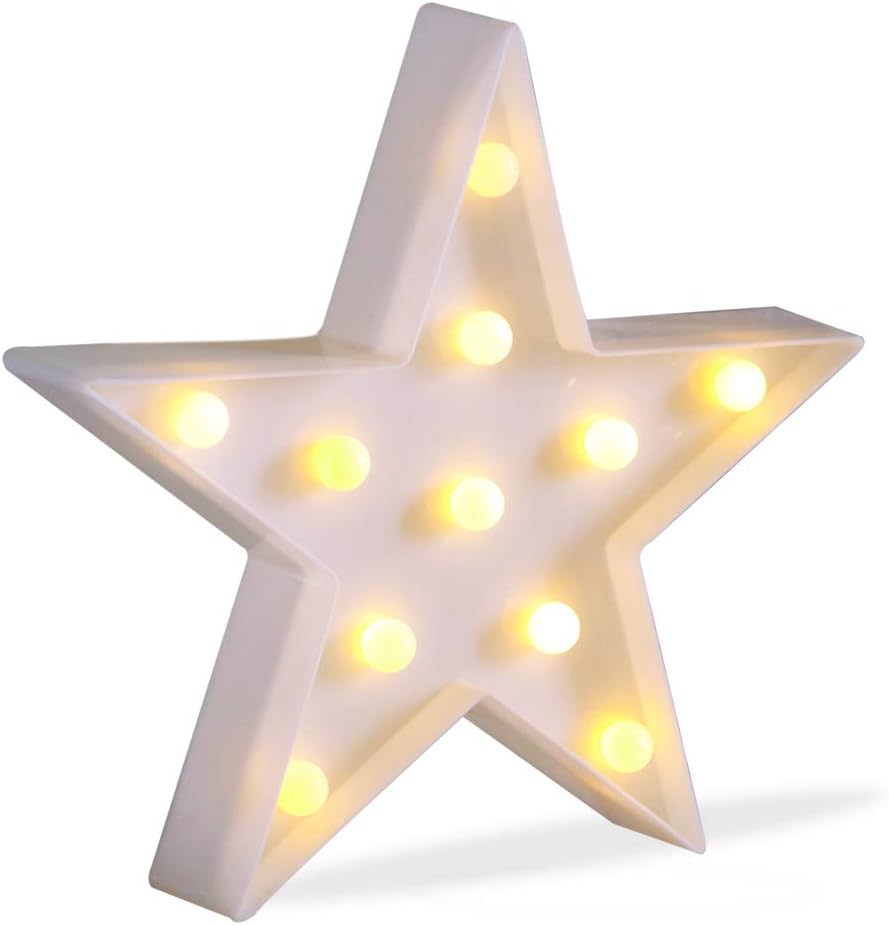 JUHUI Marquee Light Star Shaped LED Plastic Sign-Lighted Marquee Star Sign Wall Décor Battery Operated (White)