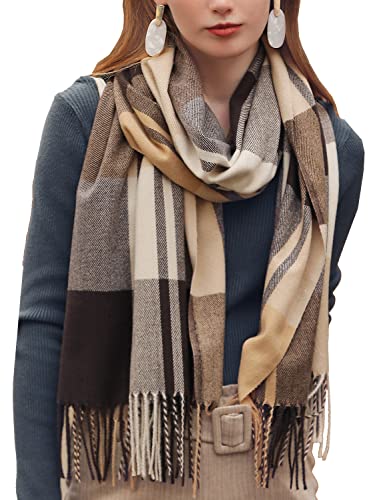 HYUET Bufandas Mujer Invierno Grande a Cuadros, Cachemira Chal Cálido Moda Largas Bufandas Mujer Invierno de Punto con Flecos para Mujeres Hombres,Marrón,65 * 185 cm