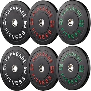 Papababe Bumper Plates 10-410lb Olympic Barbell Weight Plates Set – 2 Inch Steel Hub Rubber Weights for Strength Training & Weightlifting (IWF Standard, Single/Pair/Sets)