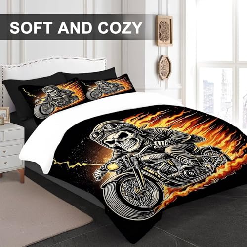 Image of Black Skull Comforter Set King: 1 Comforter 2 Pillowcases, Vintage Motorcycle Skeleton Bedding Set for Boys Adults Men, Halloween Gothic Quilt Bedroom Decor