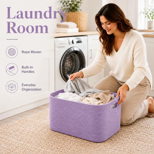 Image of 15.4GAL Rope Laundry Basket for Dorm, Cute Boho Square Woven Basket for Living Room Throws Pillow Blanket Storage, Short Dirty Clothes Hamper for Baby Girls Boys Toys Stuffed Animal Towel Lavender