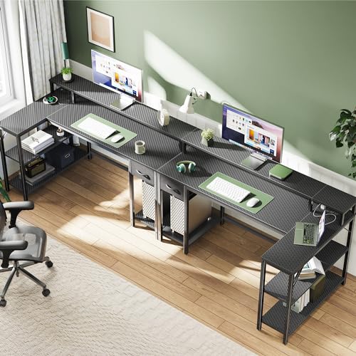 Image of SUPERJARE 53 inch Reversible L Shaped Desk with LED Lights & Power Outlets, Computer Desk with Shelves & Monitor Stand, Gaming Desk with Drawer, Home Office Desk, Carbon Fiber Black