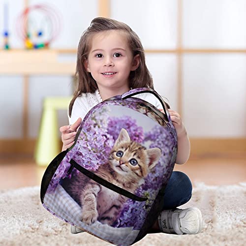 Niapessel Kids Backpack for School, Cute Kitten Purple Flower Pattern Students Bookbags School Bags Girls Boys4