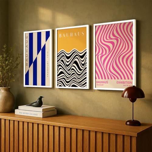 Image of SoulAbiti Geometric Shapes Series set of 3 Framed Wall Print 12x18 inch White Frame Plexi-Glass Bauhaus Art ready to hang for living room bedroom office decor