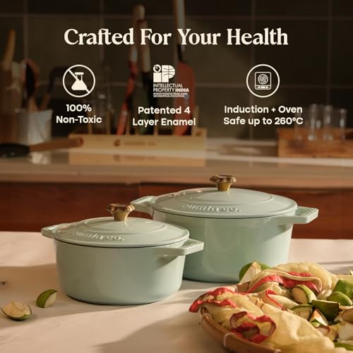 Image of CUMIN CO. Cast Iron Dutch Oven 4L, 24 cm | Induction Base Cookware | 10 Years Warranty | Non Toxic Non Stick Biryani Pot with Lid | Heavy Bottom | Chemical Free Coating | Free Accessories | Kairi (Mint)