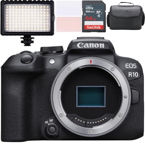 Canon EOS R10 Mirrorless Camera (Body Only) + LED Video Light + Camera Case + 64GB Memory (10pc Bundle) (Renewed)